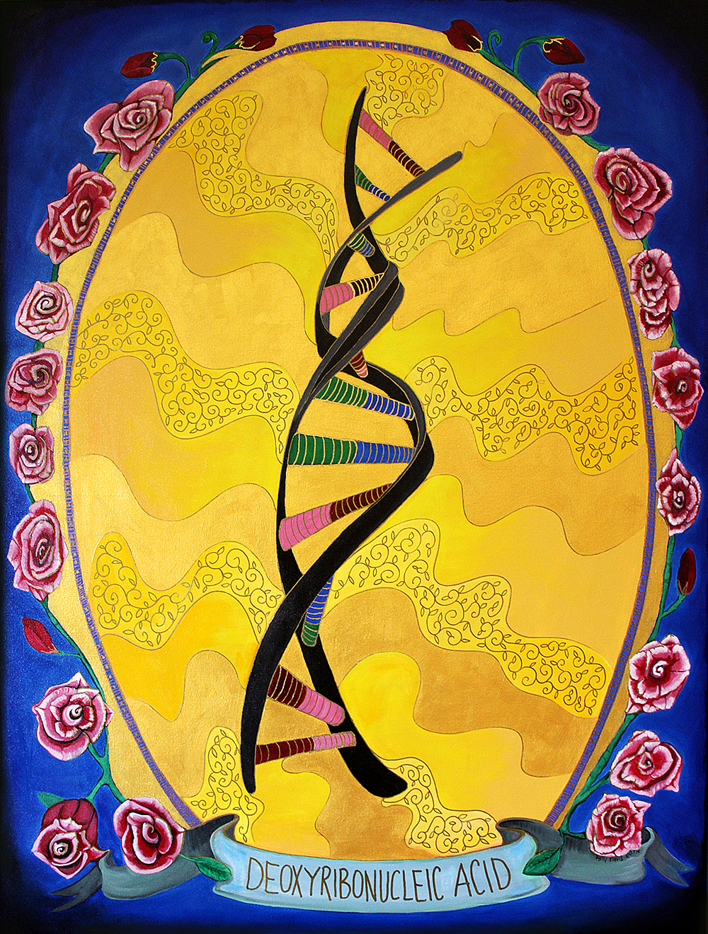 A strand of DNA on a yellow background surrounded by roses