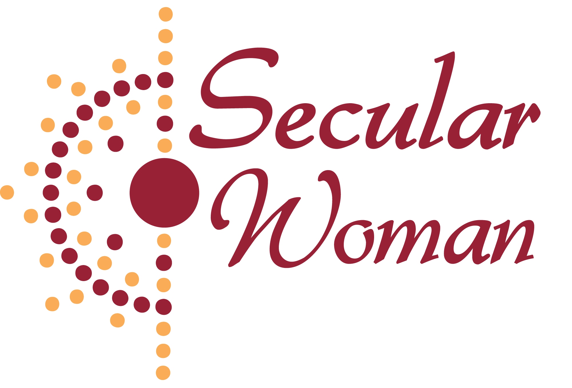 Secular Woman logo: stylized radium icon in dark red and light orange. Text: Secular Woman.